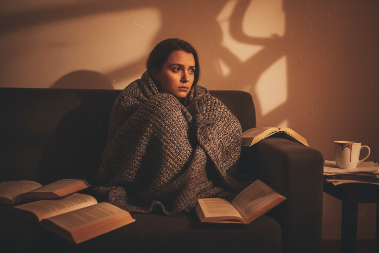 Person curled up late at night surrounded by scattered books and coffee, capturing the restless feeling of anxiety and overthinking