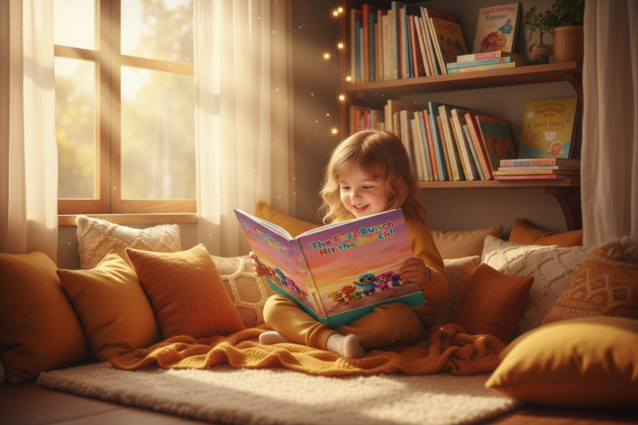 A young child reading a colorful illustrated picture book in a cozy, warmly lit reading nook with bookshelves in the background