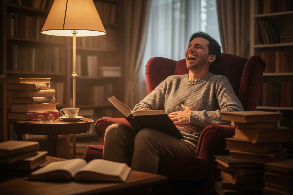 A person laughing while reading a comedy book in a cozy armchair, surrounded by books