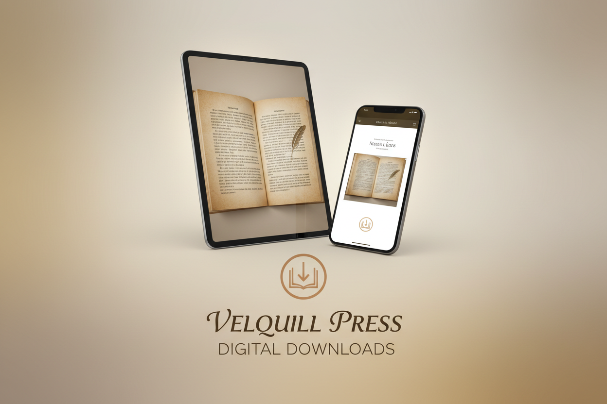"A tablet and smartphone displaying open eBooks, representing the Velquill Press Digital Downloads collection