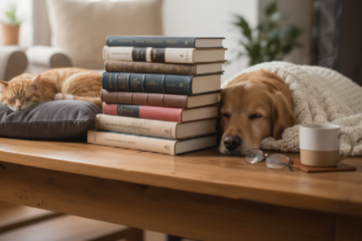 A cozy stack of pet books with a dog and cat resting nearby in warm natural light