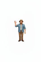 Action figure of a man in a denim shirt and hat waving on a white background