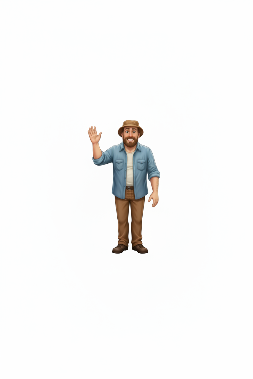 Action figure of a man in a denim shirt and hat waving on a white background