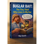 Book cover of 'Buglar Bait: The Tiny Thief Who Lives in My Ear' by Roy Searls with a man and raccoon illustration.