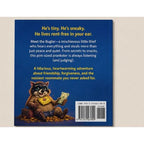 Book cover with a cartoon raccoon holding money, text about the character, and a barcode on a blue background.