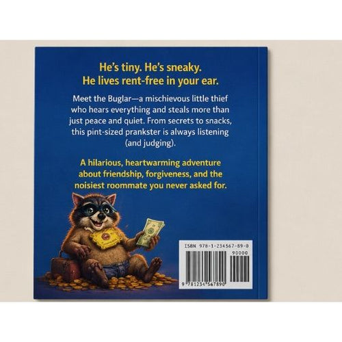 Book cover with a cartoon raccoon holding money, text about the character, and a barcode on a blue background.
