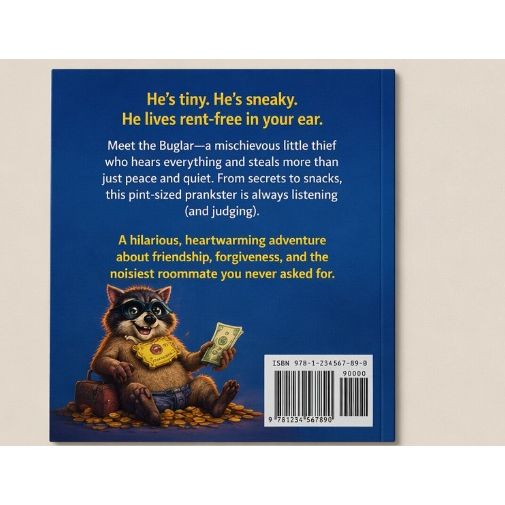 Book cover with a cartoon raccoon holding money, text about the character, and a barcode on a blue background.