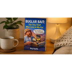 Book titled 'Buglar Bait: The Tiny Thief Who Lives in My Ear' by Roy Searls on a table with a mug and lamp in the background.