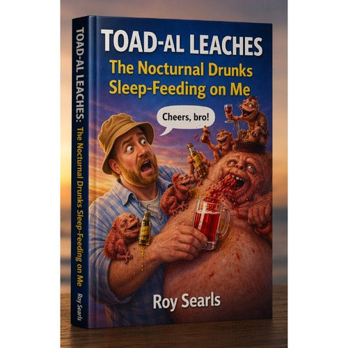 Book cover of 'Toad-Al Leaches' with a humorous illustration of a man and leeches, on a wooden surface.