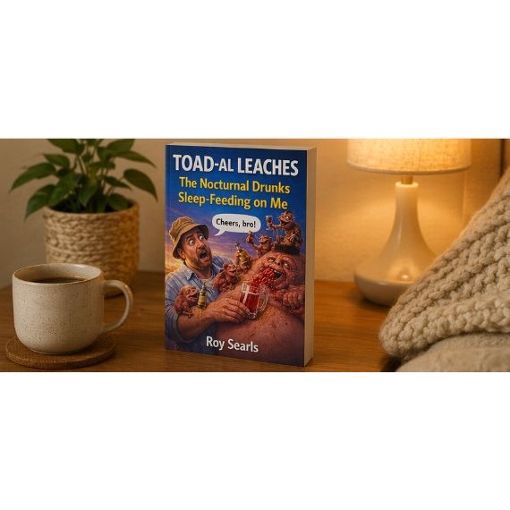 Book titled 'Toad-Al Leaches: The Nocturnal Drunks Sleep-Feeding on Me' by Roy Sears on a table with a mug and lamp in the background.