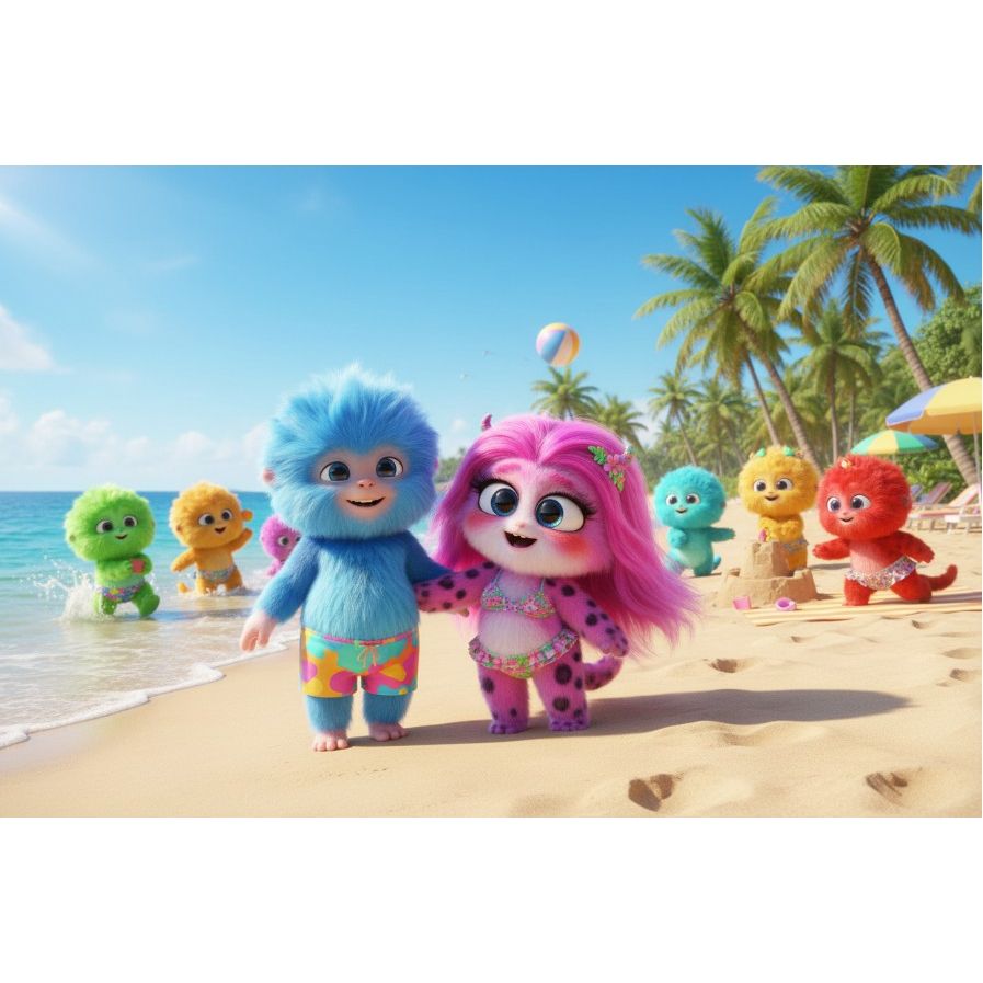 Colorful animated characters on a beach with palm trees and ocean in the background