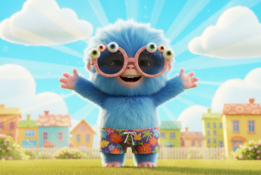 Blue cartoon character with sunglasses and colorful shorts standing on grass with a colorful house background