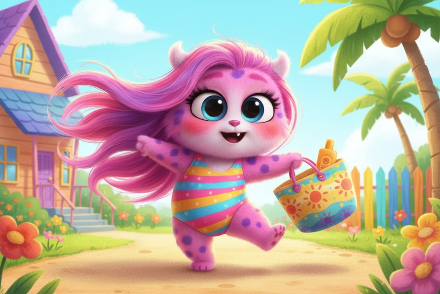 Cartoon character with pink hair and colorful outfit running in a garden with flowers and a house.