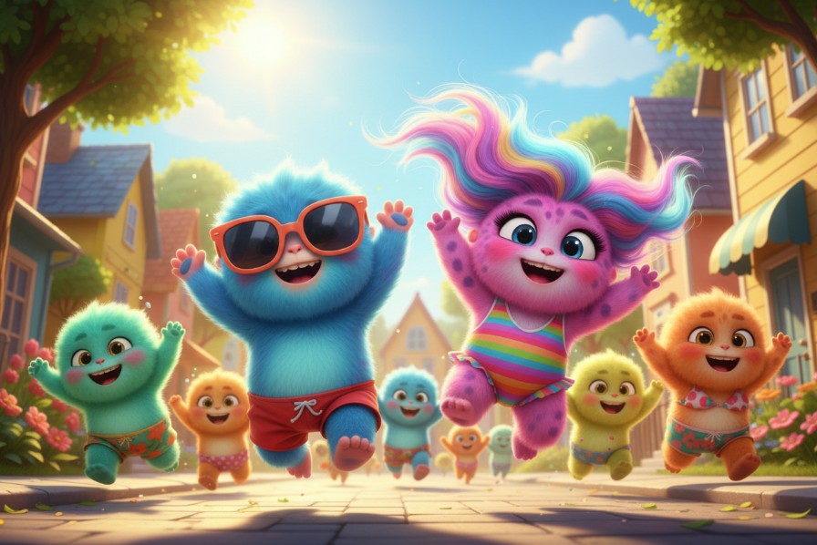 Colorful animated characters in a sunny street scene