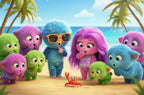 Colorful cartoon characters on a beach with palm trees and ocean in the background