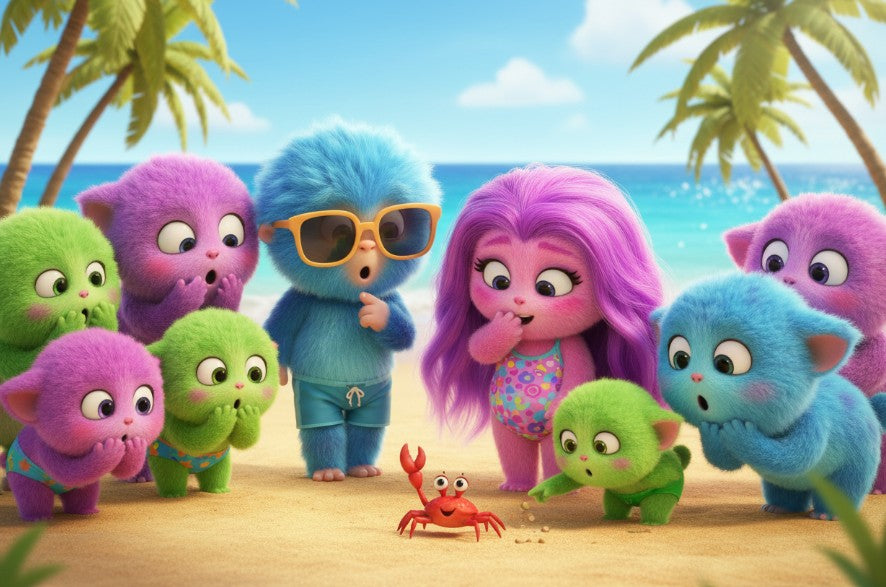 Colorful cartoon characters on a beach with palm trees and ocean in the background