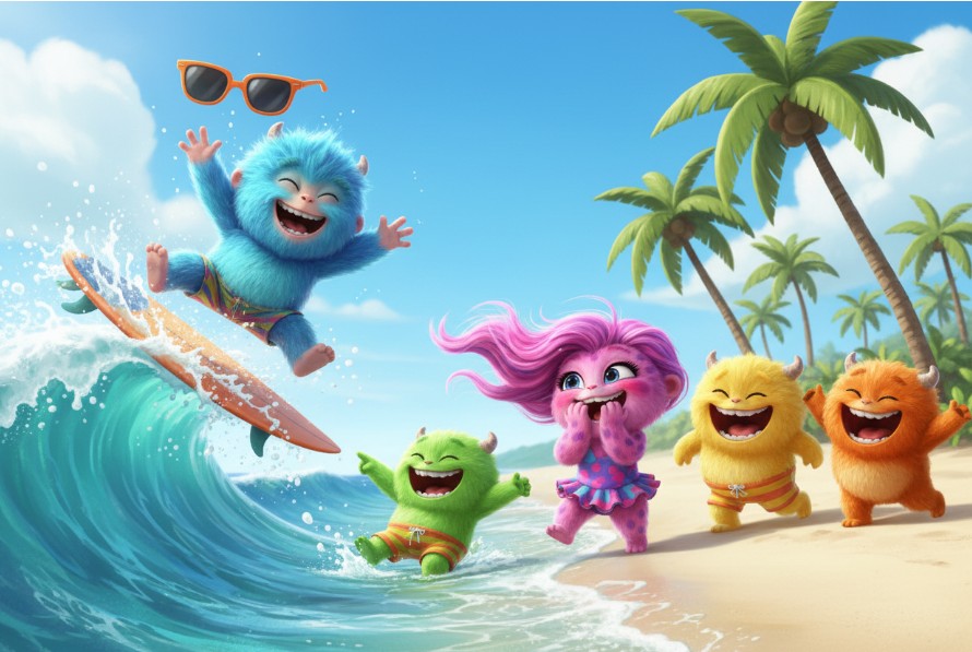 Colorful cartoon characters on a beach with palm trees and sunglasses.