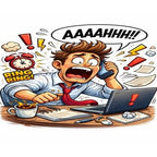 Cartoon character at a desk with laptop, phone, and coffee, showing frustration with 'AAAAHHH!!' and 'RING RING!' text.