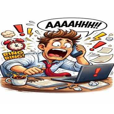 Cartoon character at a desk with laptop, phone, and coffee, showing frustration with 'AAAAHHH!!' and 'RING RING!' text.
