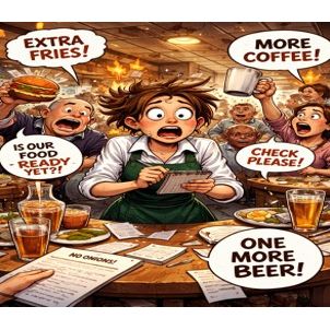 Cartoon character in a restaurant with various food and drink items and speech bubbles.