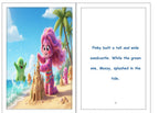 Animated character building a sandcastle on a beach with text about Pinky and Mossy.