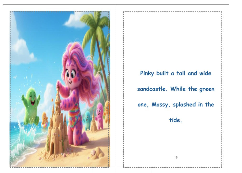 Animated character building a sandcastle on a beach with text about Pinky and Mossy.