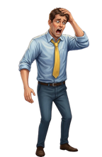 Illustration of a man in a blue shirt and yellow tie with a surprised expression on a white background
