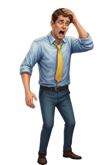 Illustration of a man in a blue shirt and yellow tie with a surprised expression on a white background