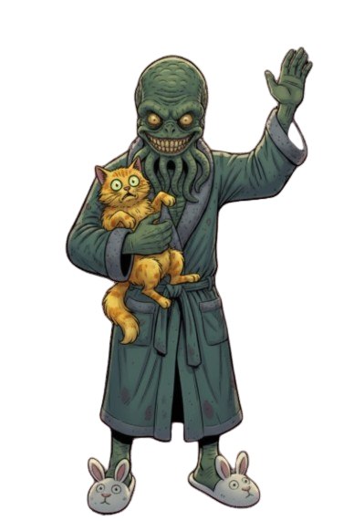 Monster in a robe holding a cat on a white background