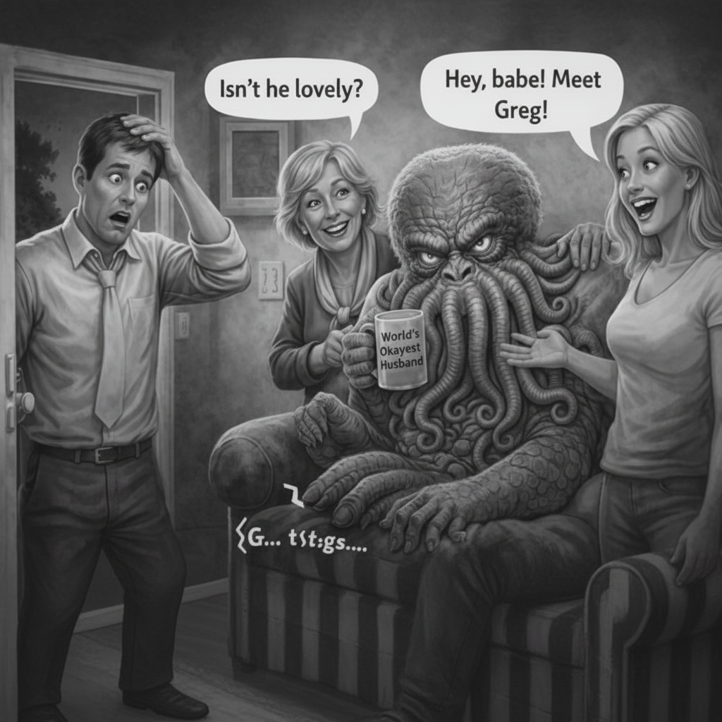 Cartoon of a family with a Cthulhu-like creature sitting on a couch, with text bubbles indicating conversation.