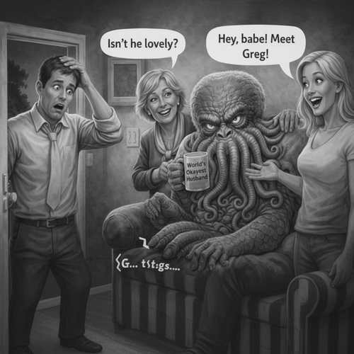 Cartoon of a family with a Cthulhu-like creature sitting on a couch, with text bubbles indicating conversation.