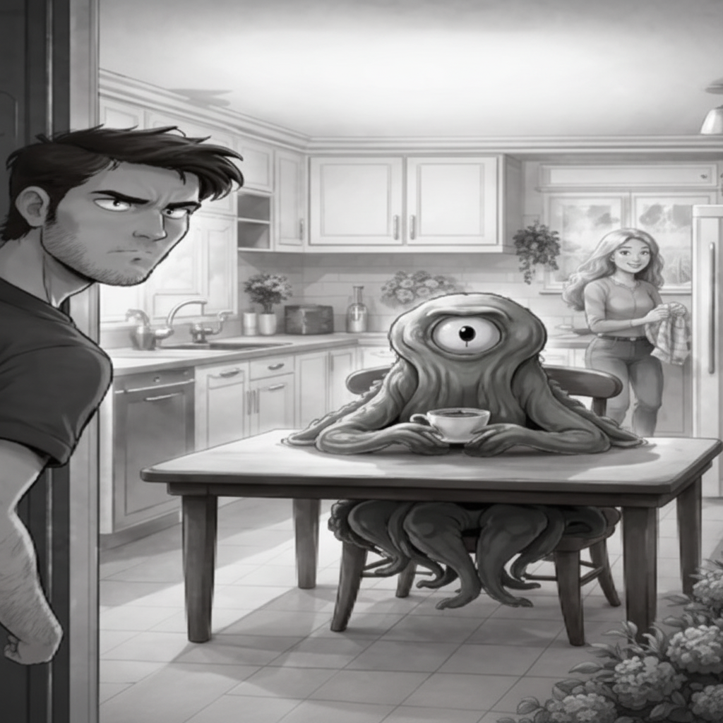 Illustration of a creature at a kitchen table with a person and a woman in the background.