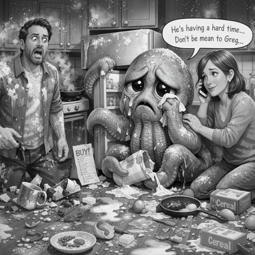 Cartoon scene with a crying octopus in a messy kitchen, surrounded by people and scattered food items.
