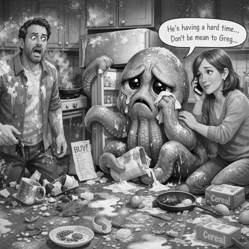Cartoon scene with a crying octopus in a messy kitchen, surrounded by people and scattered food items.