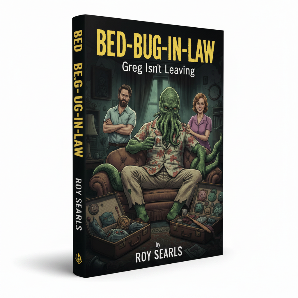 Book cover of 'Bed-Bug-In-Law: Greg Isn't Leaving' by Roy Searls with a green creature and two people on a couch.