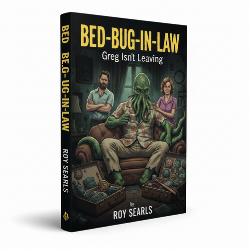 Book cover of 'Bed-Bug-In-Law: Greg Isn't Leaving' by Roy Searls with a green creature and two people on a couch.