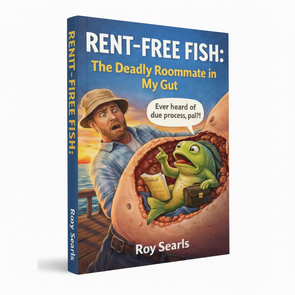 Book cover of 'Rent-Free Fish' with a man and fish illustration on a white background