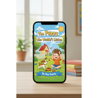 Phone displaying the book cover of 'The Puppy Who Wouldn't Listen' by Roy Sears on a table with books and a plant in the background.