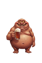 Cartoonish character holding a glass of beer on a white background