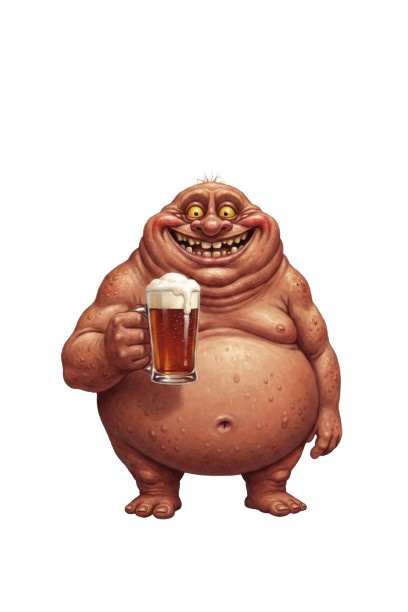 Cartoonish character holding a glass of beer on a white background
