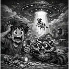 Black and white illustration of a boy with a surprised expression, a raccoon, and a UFO lifting a cow from a small town.