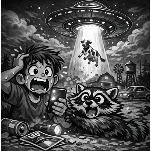 Black and white illustration of a boy with a surprised expression, a raccoon, and a UFO lifting a cow from a small town.