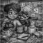 Illustration of a person with a raccoon holding a coffee mug, sitting at a table with cereal and an alarm clock.