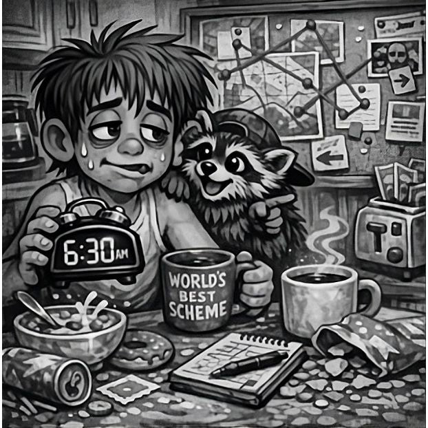 Illustration of a person with a raccoon holding a coffee mug, sitting at a table with cereal and an alarm clock.