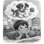 Illustration of a boy lying in bed dreaming about a puppy with a ball.