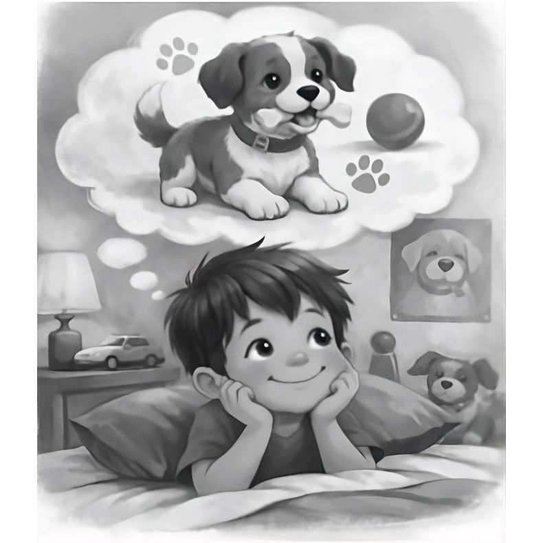Illustration of a boy lying in bed dreaming about a puppy with a ball.