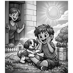 Cartoon of a boy with a dog and a girl opening a door in a garden.