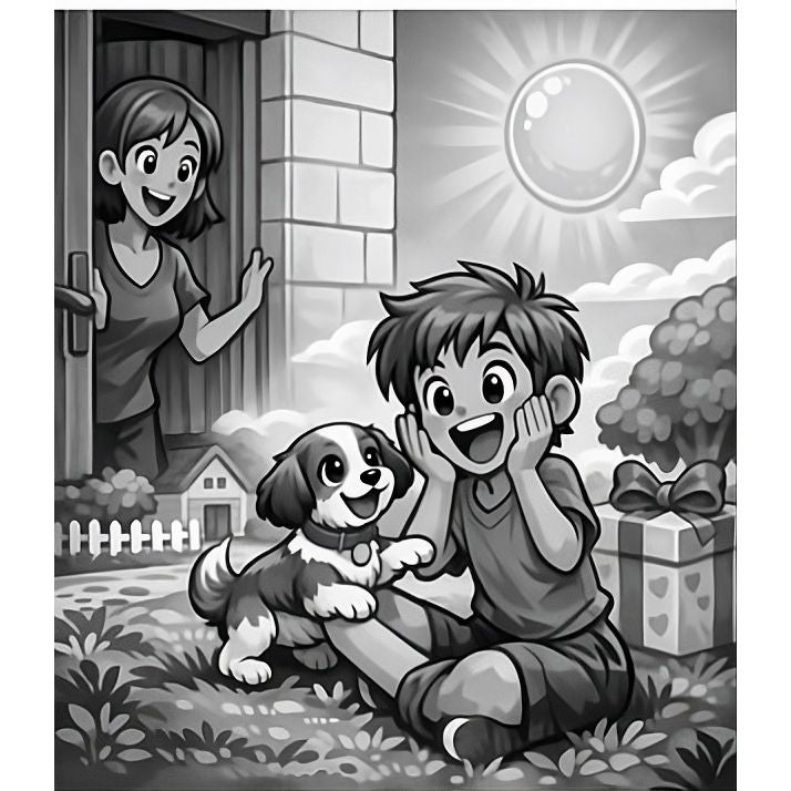 Cartoon of a boy with a dog and a girl opening a door in a garden.