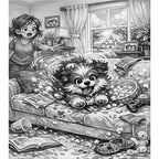 Black and white illustration of a child and a dog on a couch with scattered toys.
