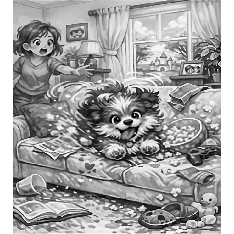 Black and white illustration of a child and a dog on a couch with scattered toys.
